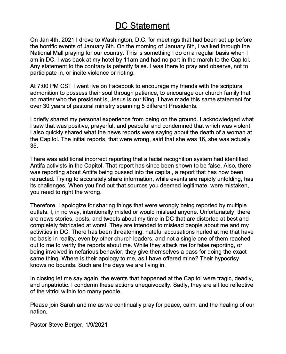Steve Berger DC Statement